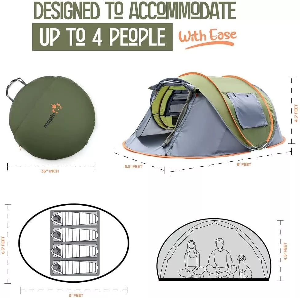4-Person Waterproof Pop-Up Tent with UV Protection and 2 Doors