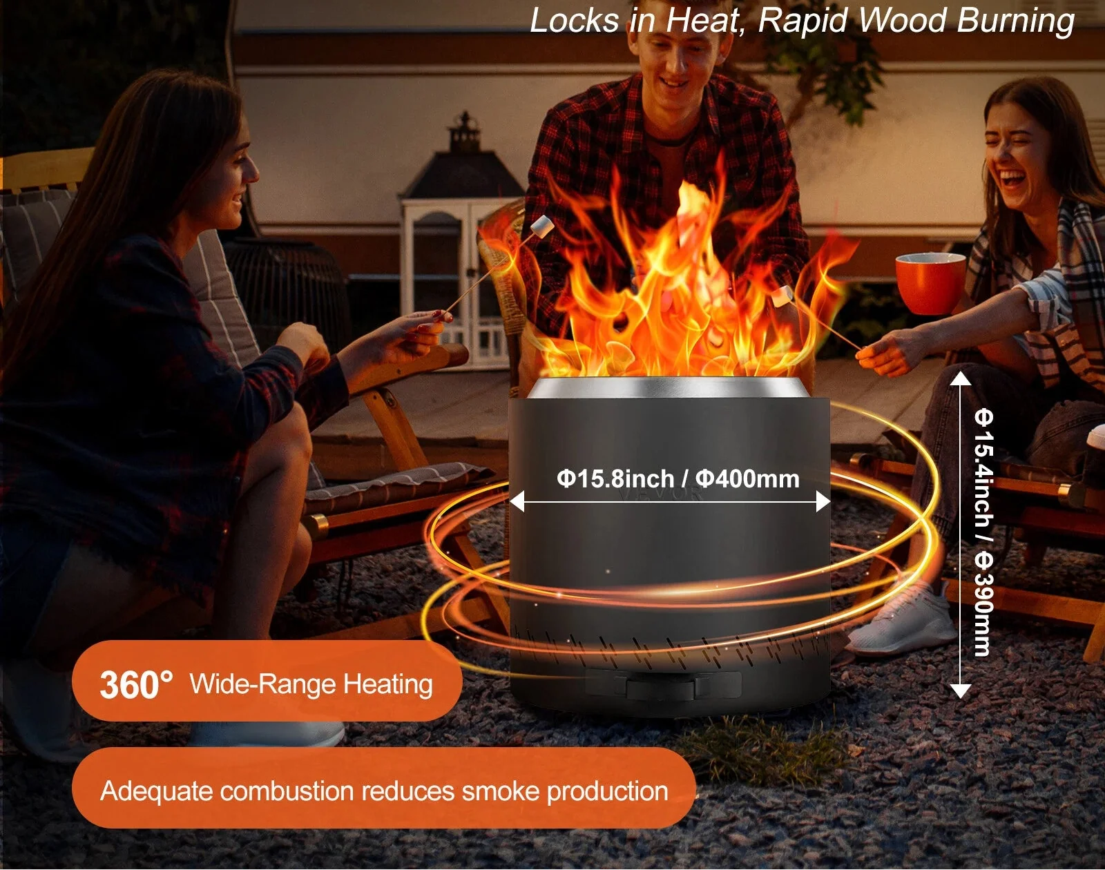 15.8 Inch Smokeless Fire Pit Stainless Steel Wood Burning Outdoor