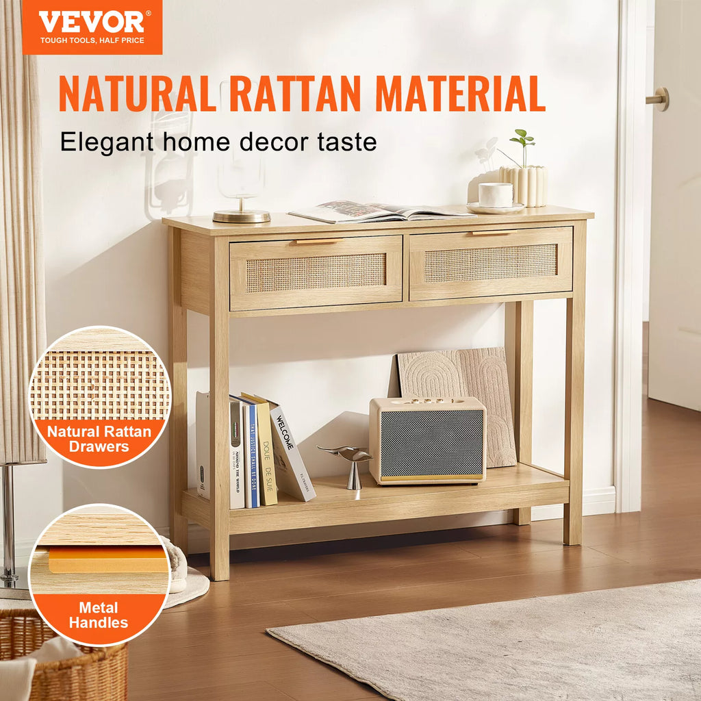 Natural Rattan Console Table Storage Drawers Sliding Door