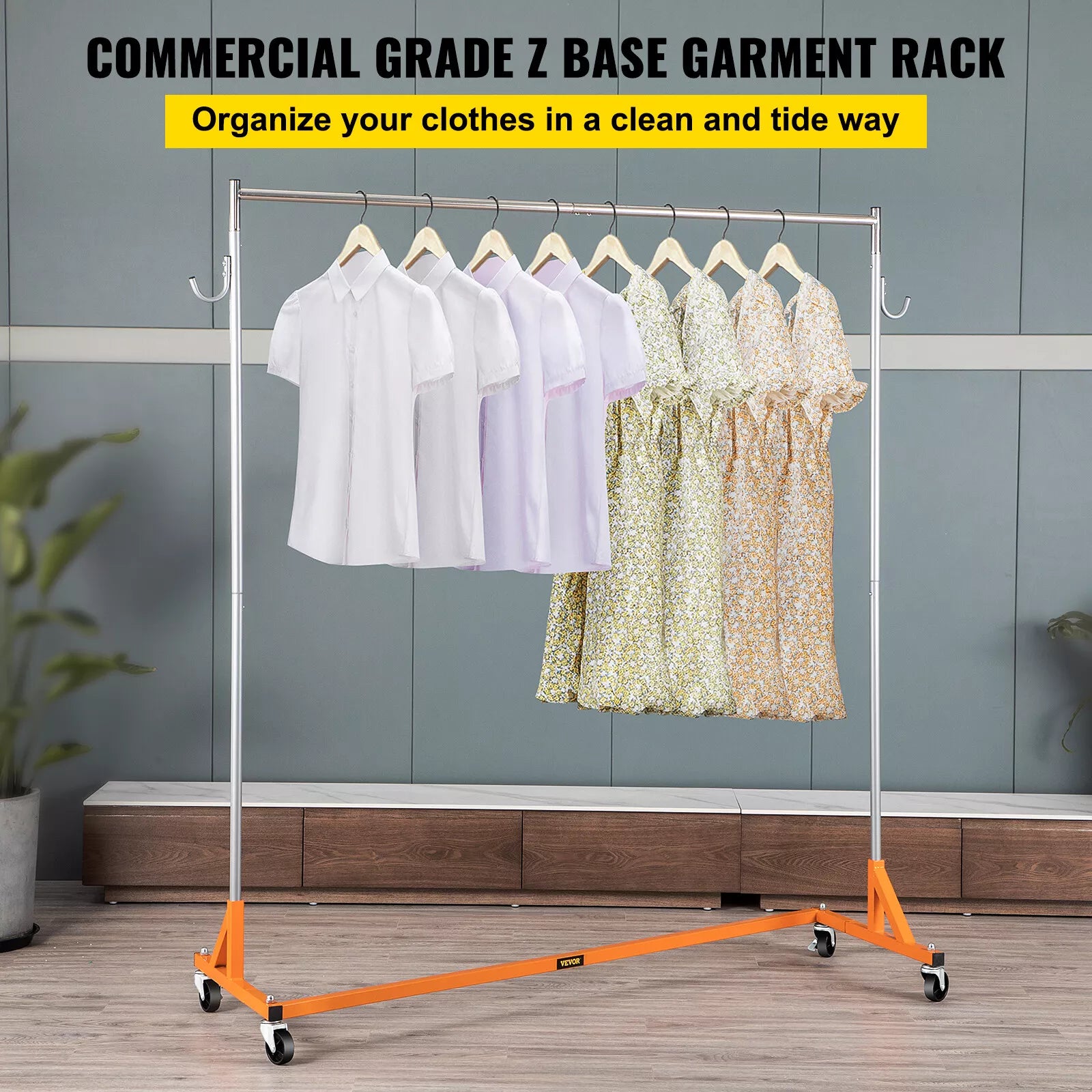 71" Heavy-Duty Rolling Garment Rack Z-Base 300lbs Capacity