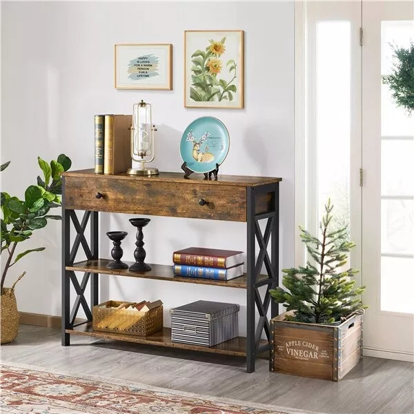 Rustic Brown Industrial Console Table with Drawer