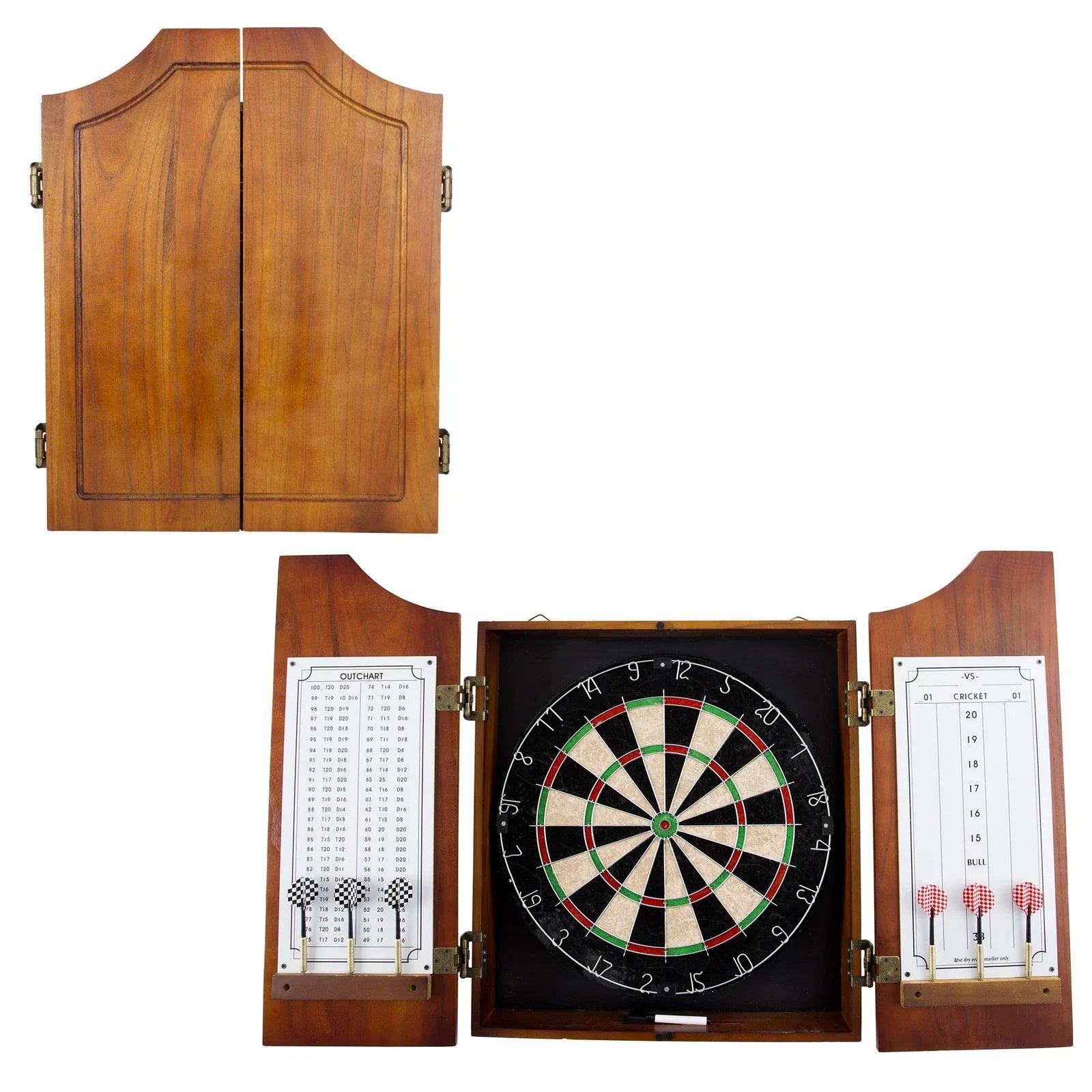 Deluxe Wooden Dartboard Cabinet Set with 6 Darts and Scoreboards