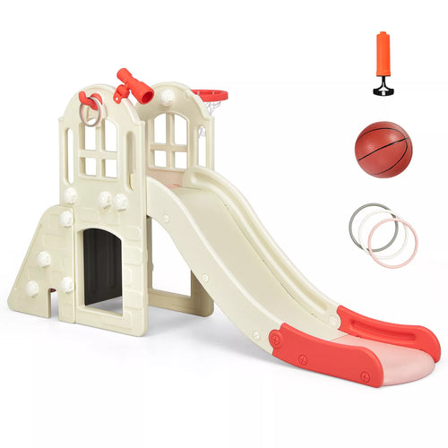 6-in-1 Kids Slide Playset with Climber, Basketball Hoop, and Ring Toss