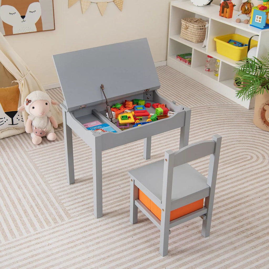Kids Wooden Table and Chair Set with Flip-Top Desk & Storage