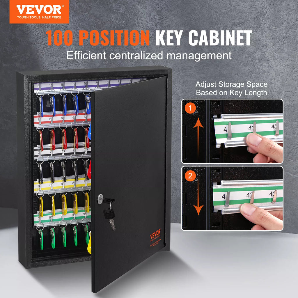 Lockable 100-Key Cabinet Adjustable Hooks Wall Mounted Key Tags