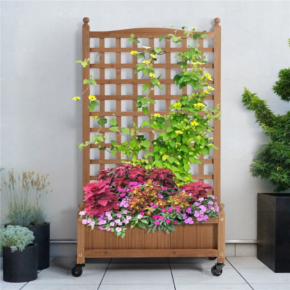 50" Raised Garden Bed with Trellis and Wheels for Climbing Plants