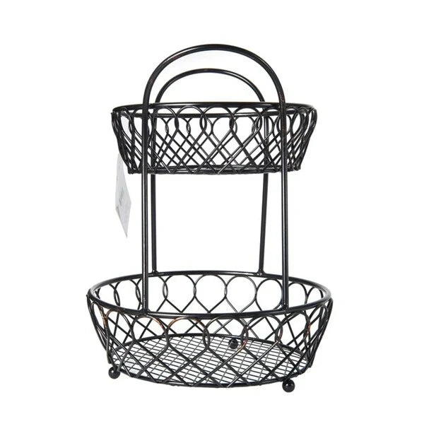 2-Tier Wrought Iron Lattice Basket with Antique Black Finish Storage