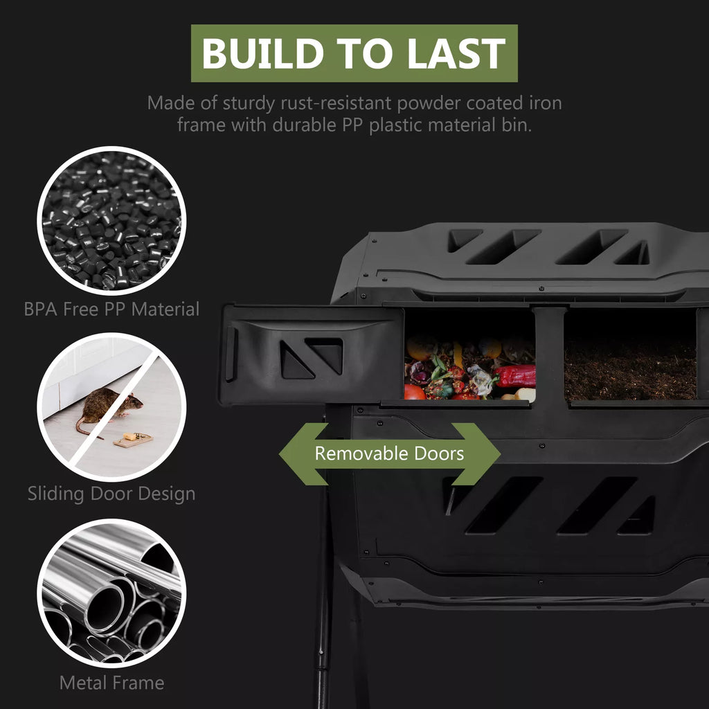 43 Gallon Outdoor Dual Compost Tumbler Bin with Rotating Chambers