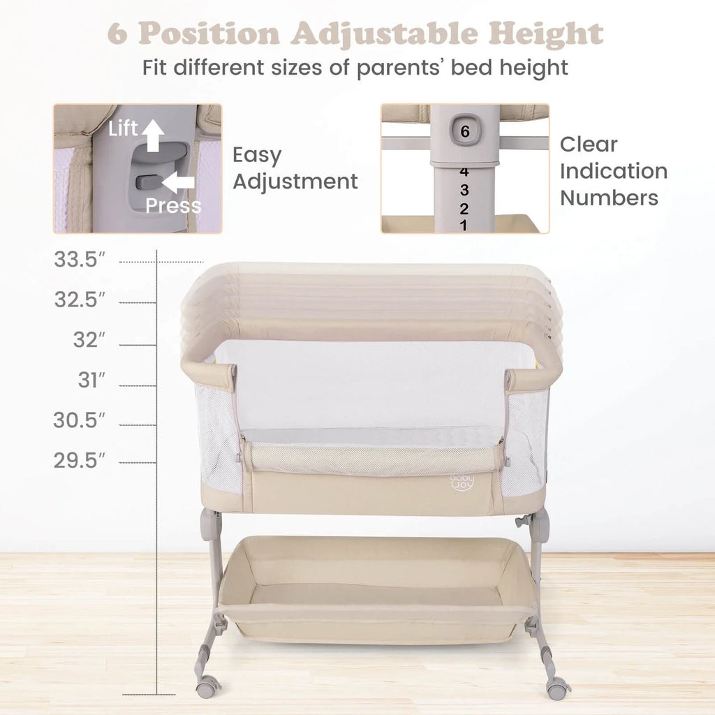 3-in-1 Baby Bassinet with Wheels, Storage & Adjustable Height Beige