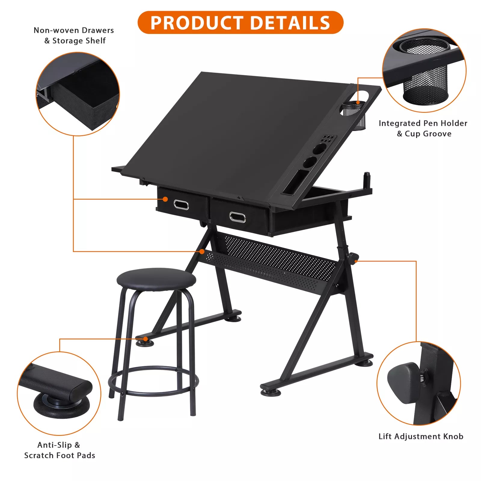 Tilting Adjustable Art Desk Storage Drawers and Stool