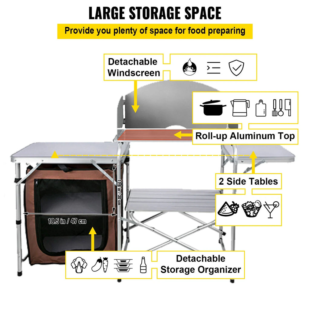 Folding Camp Kitchen Table with Windshield and 2-Tier Storage Shelf