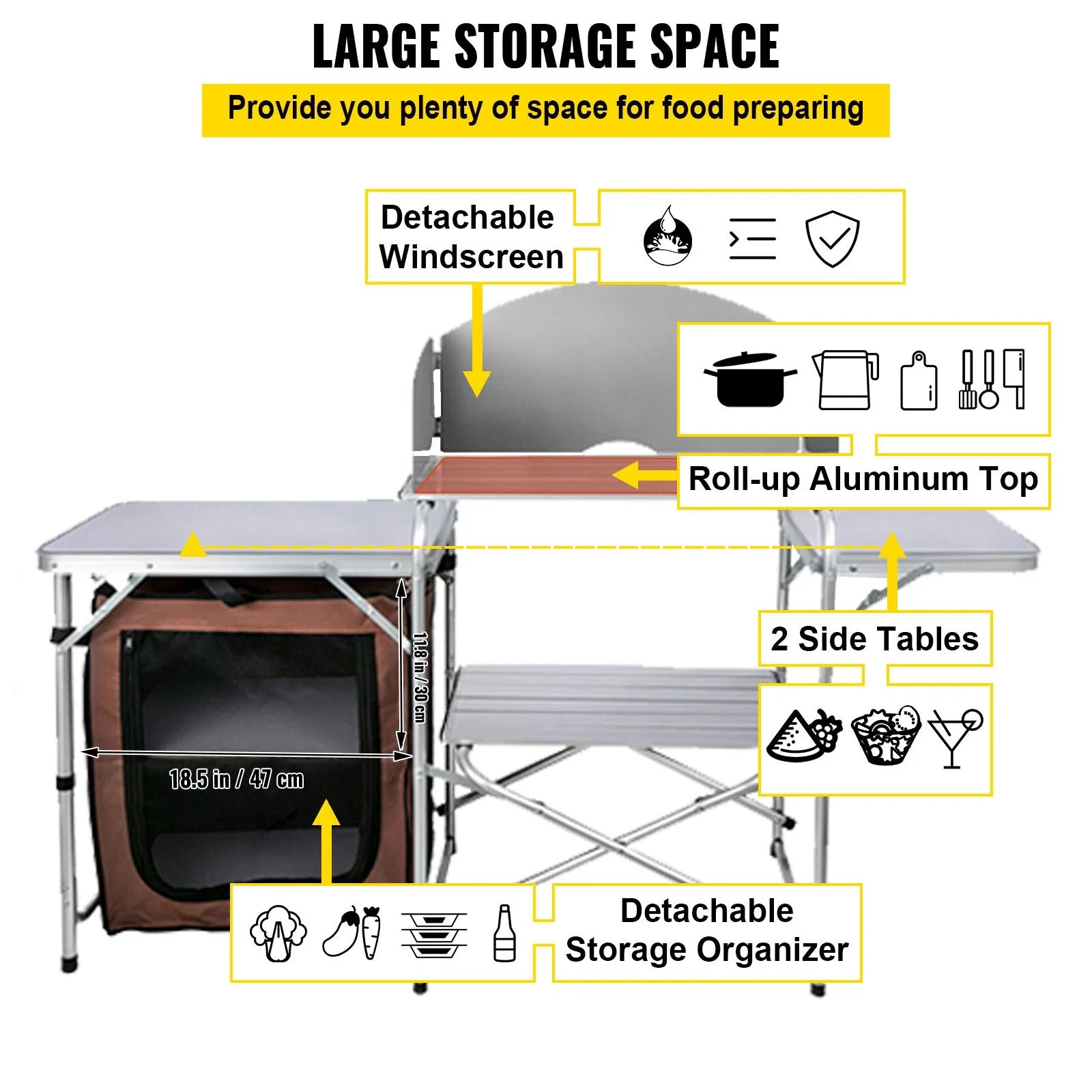 Folding Camp Kitchen Table with Windshield and 2-Tier Storage Shelf