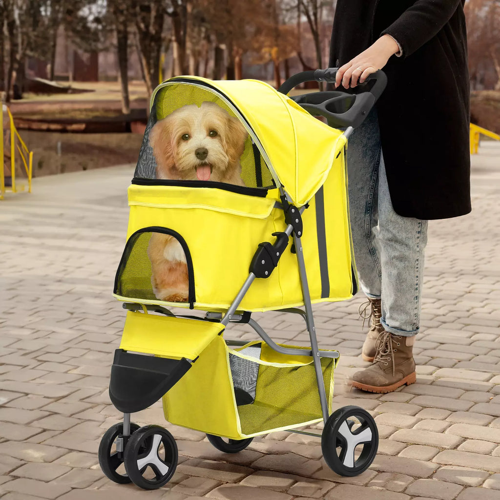 Yellow Folding Pet Stroller with Adjustable Sunshade for Dogs and Cats