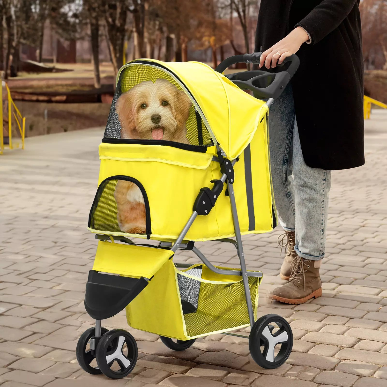 Yellow Folding Pet Stroller with Adjustable Sunshade for Dogs and Cats