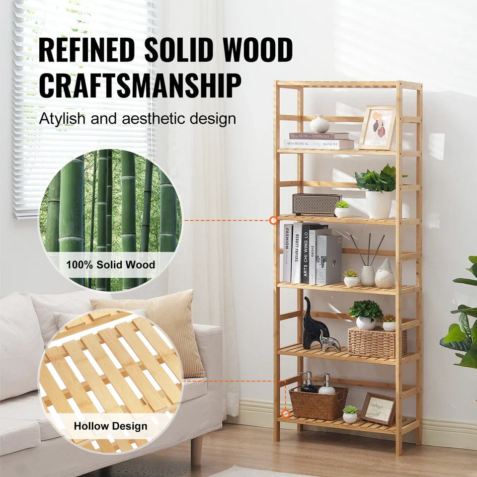 6-Tier Natural Bamboo Ladder Shelf for Books, Plants & Storage Use