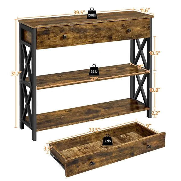 Rustic Brown Industrial Console Table with Drawer