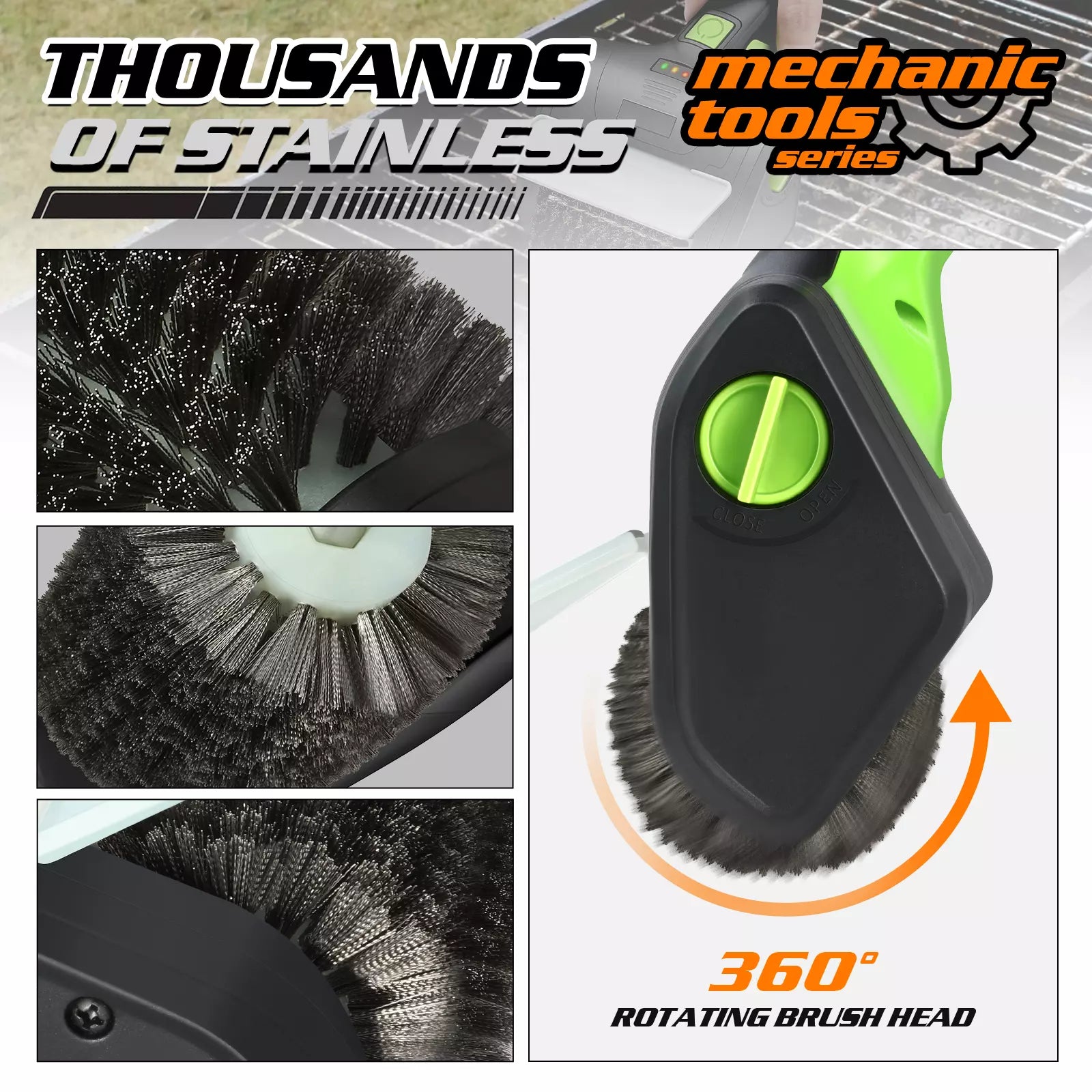 Cordless Electric Grill Brush with Steel Bristles and Type-C Charging