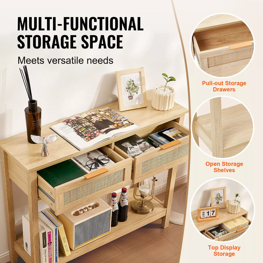 Natural Rattan Console Table Storage Drawers Sliding Door