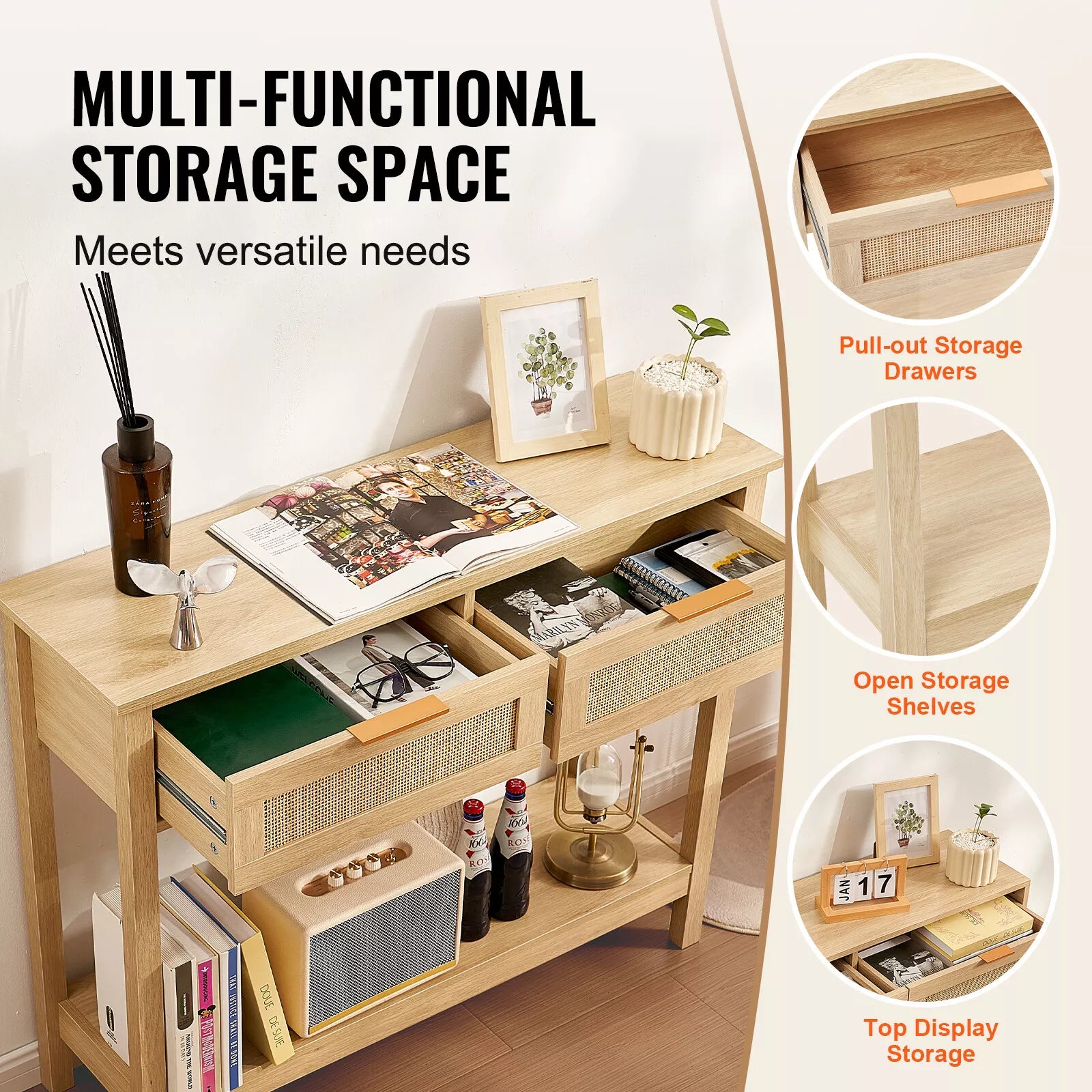 Natural Rattan Console Table Storage Drawers Sliding Door