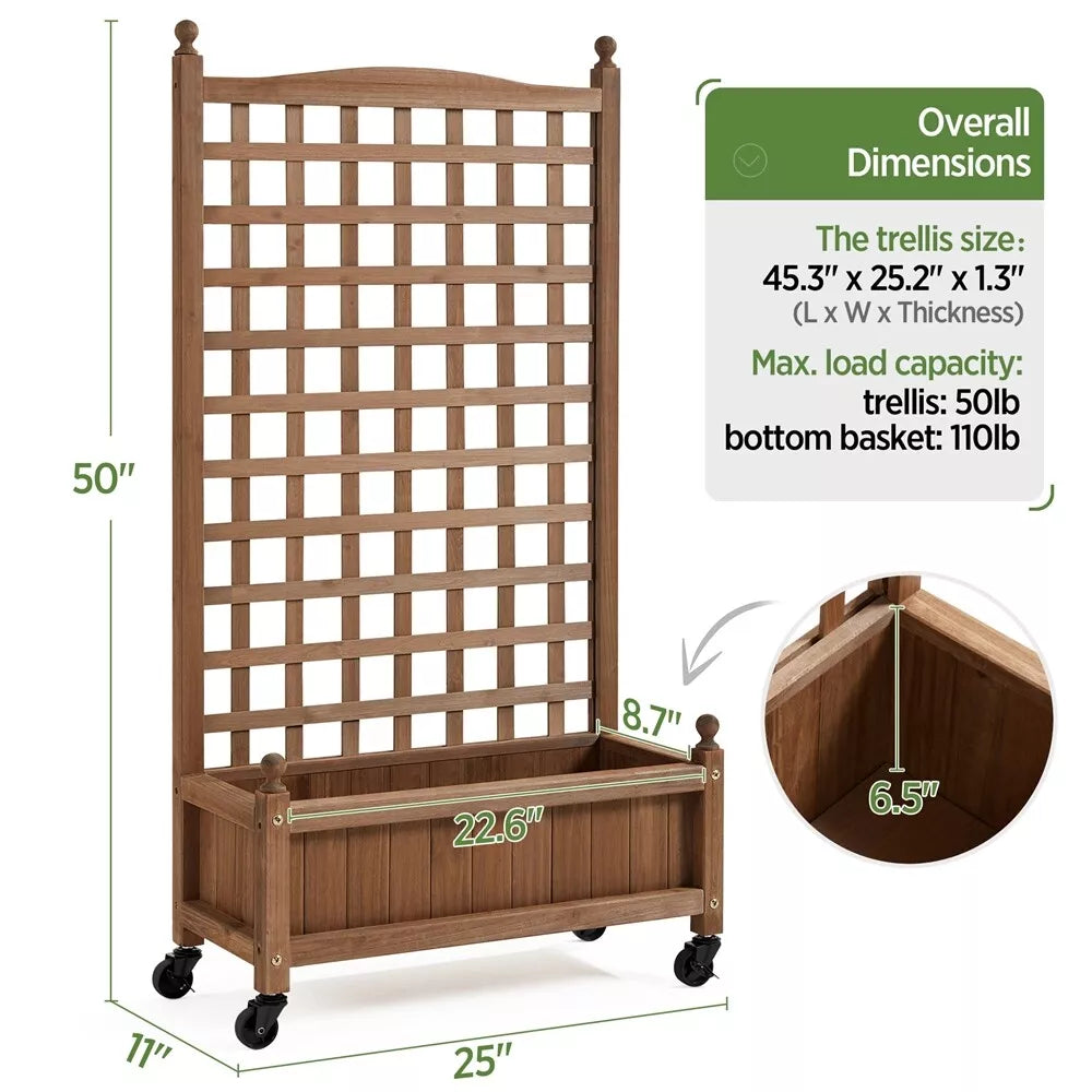 50" Raised Garden Bed with Trellis and Wheels for Climbing Plants