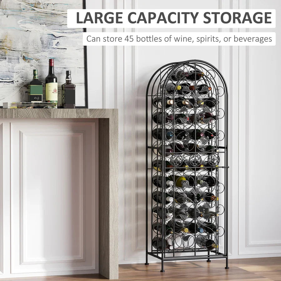 45-Bottle Wrought Iron Wine Rack Jail with Lockable Door Scroll Design