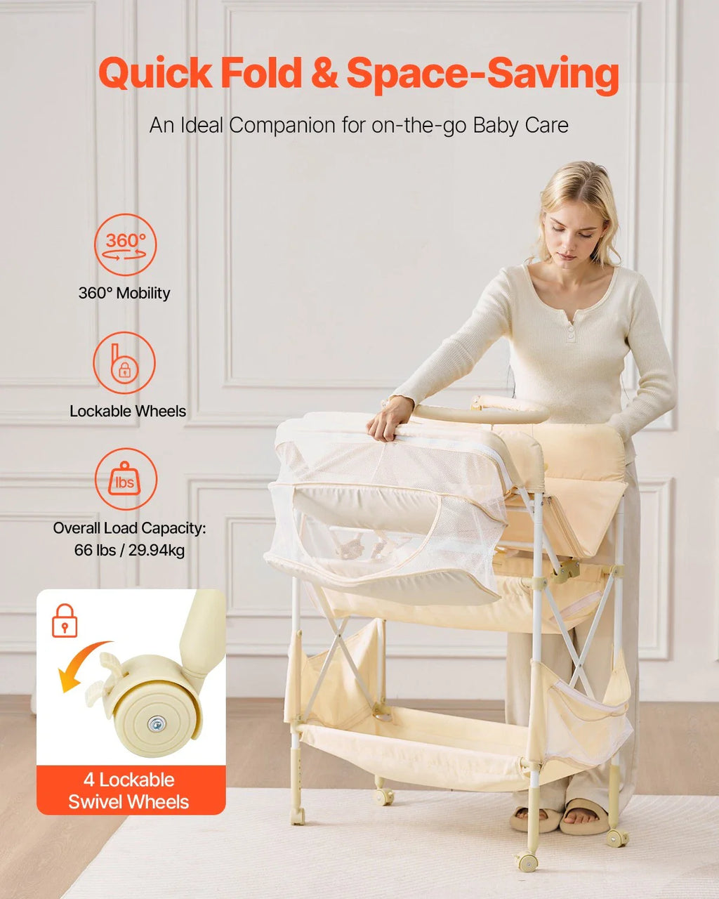 Beige Foldable Baby Changing Table with Basket, Drawers & Toys