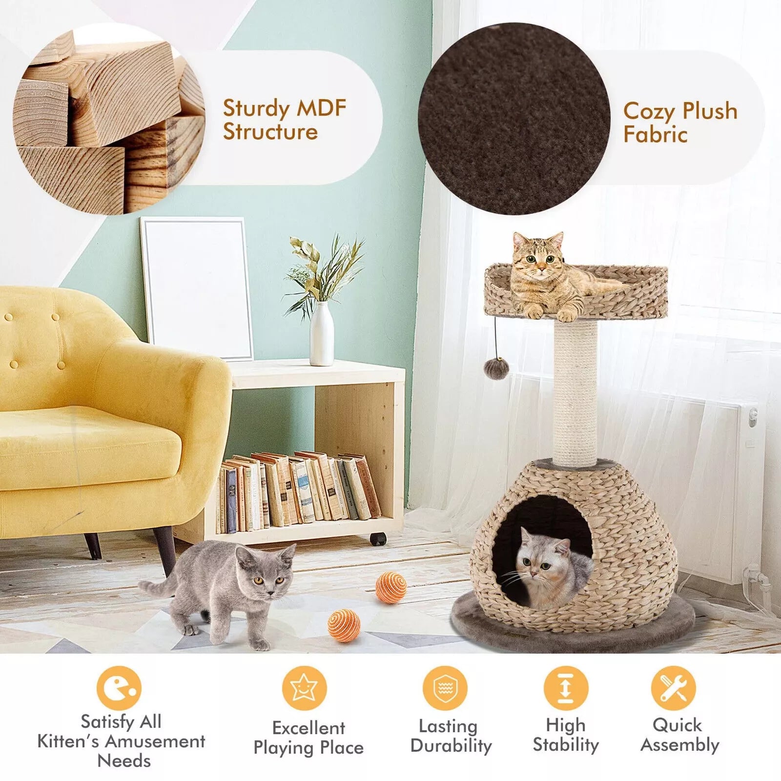 28" Cat Tree Tower Handcrafted with Natural Perch & Scratcher