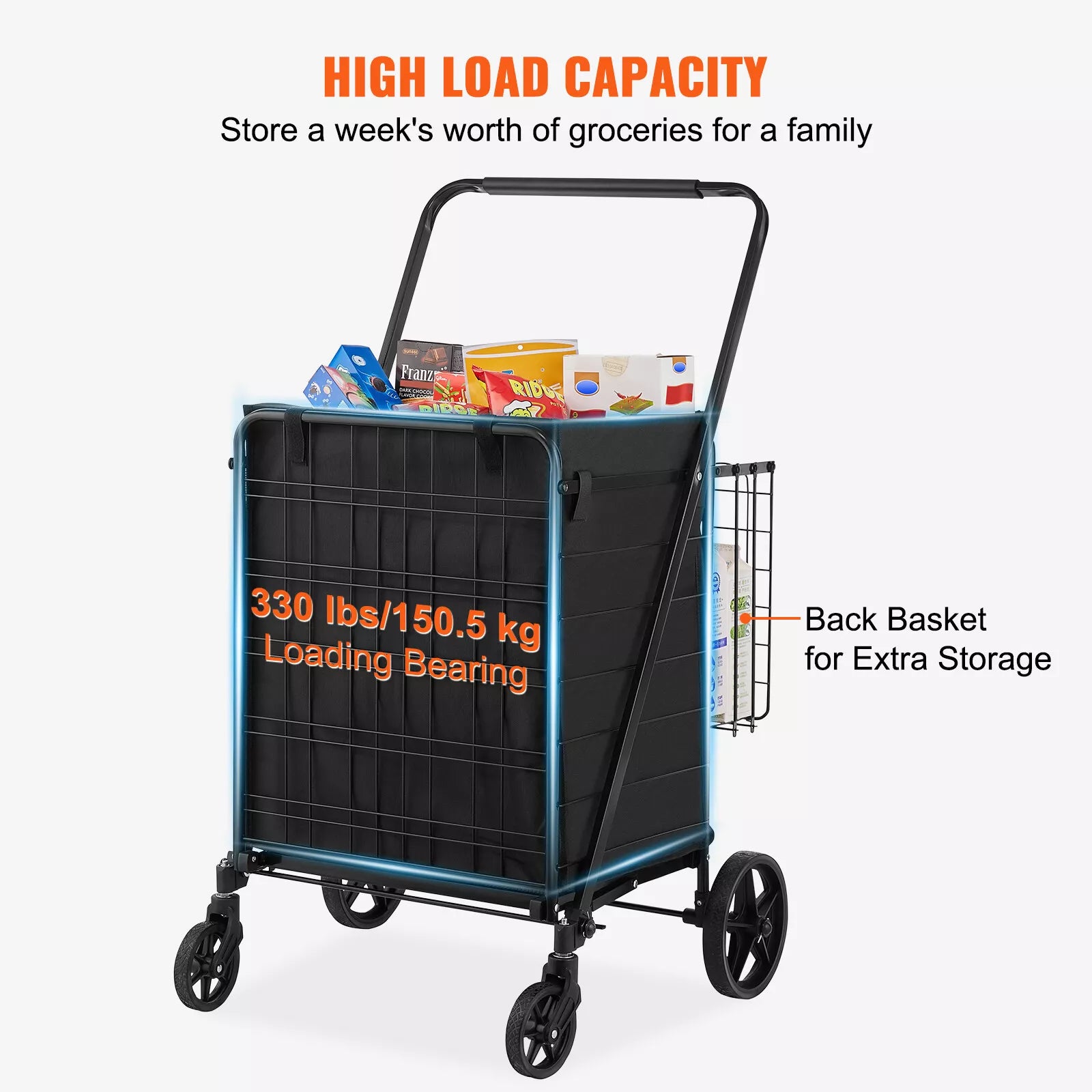 Folding Shopping Cart with Double Baskets 330 lbs Heavy Duty