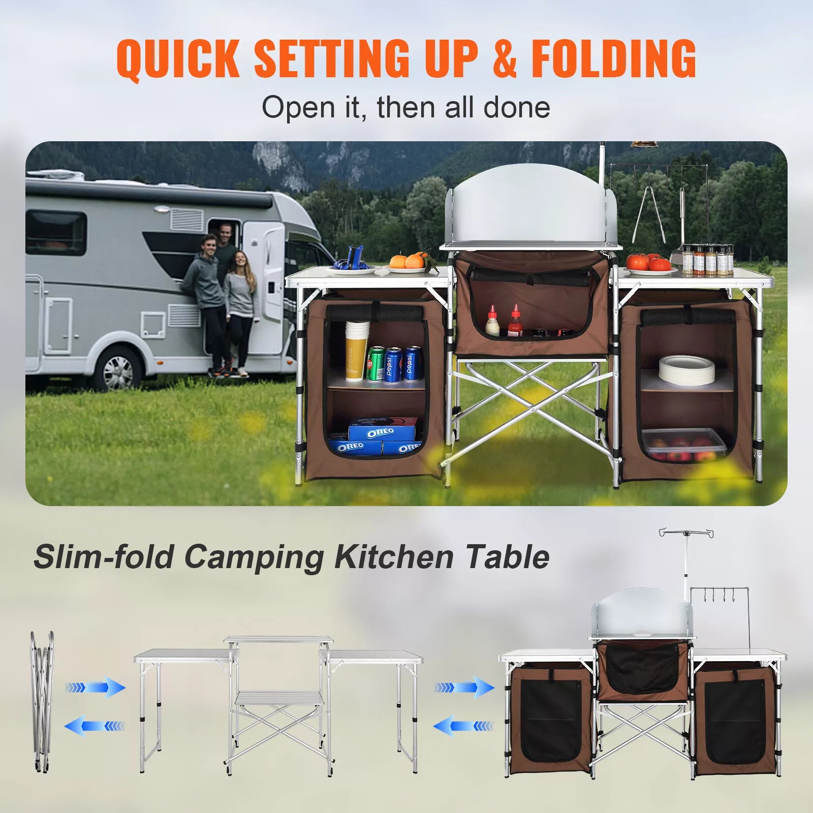 Folding Portable Camping Kitchen Table with Storage