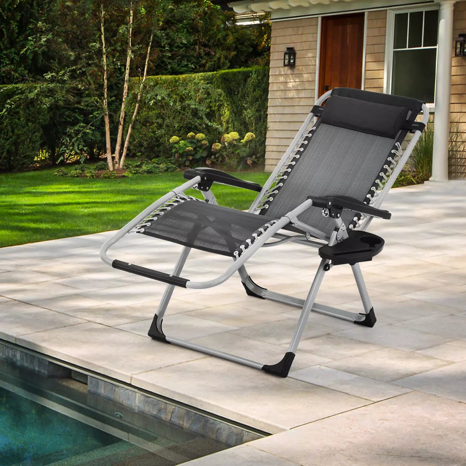 Black Zero Gravity Foldable Recliner Chair with Cushion and Tray