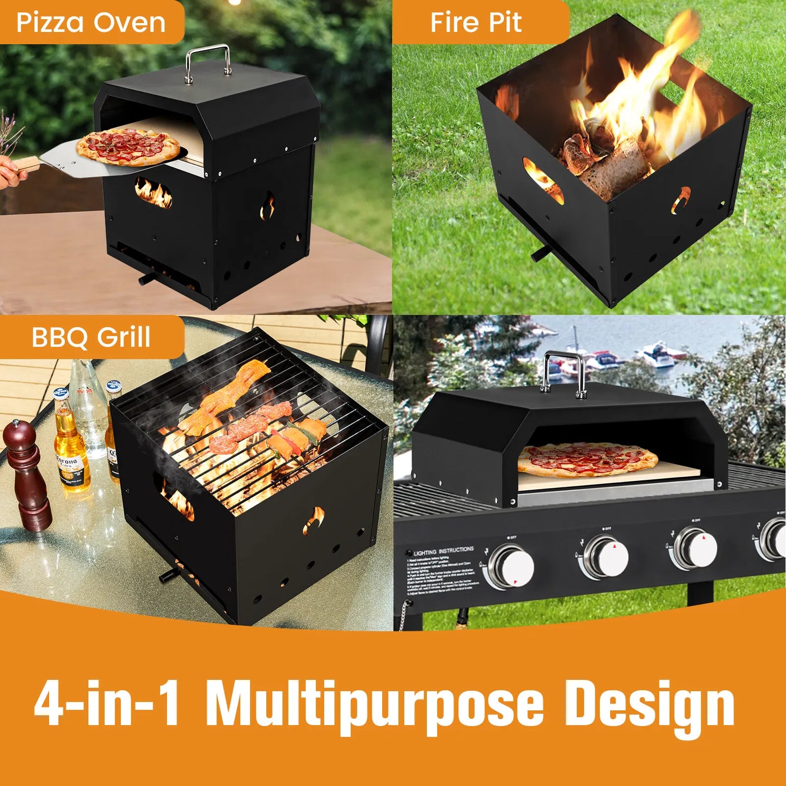 4-in-1 Outdoor Pizza Oven Fire Pit & BBQ Cooker