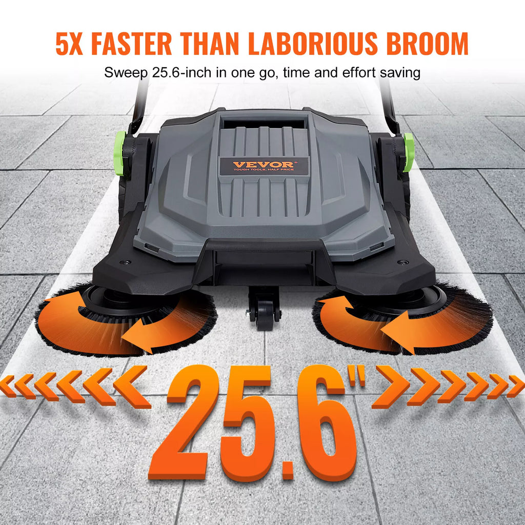 Manual Push Floor Sweeper 25.6" Path 5-Gallon Waste Capacity