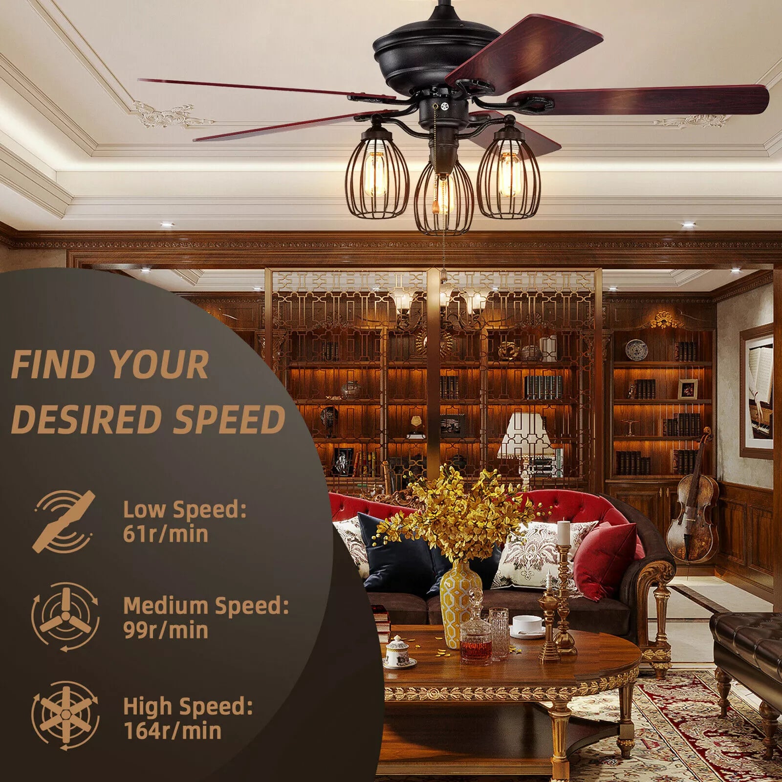 52" Ceiling Fan with Lights Quiet Motor & Reversible Blades