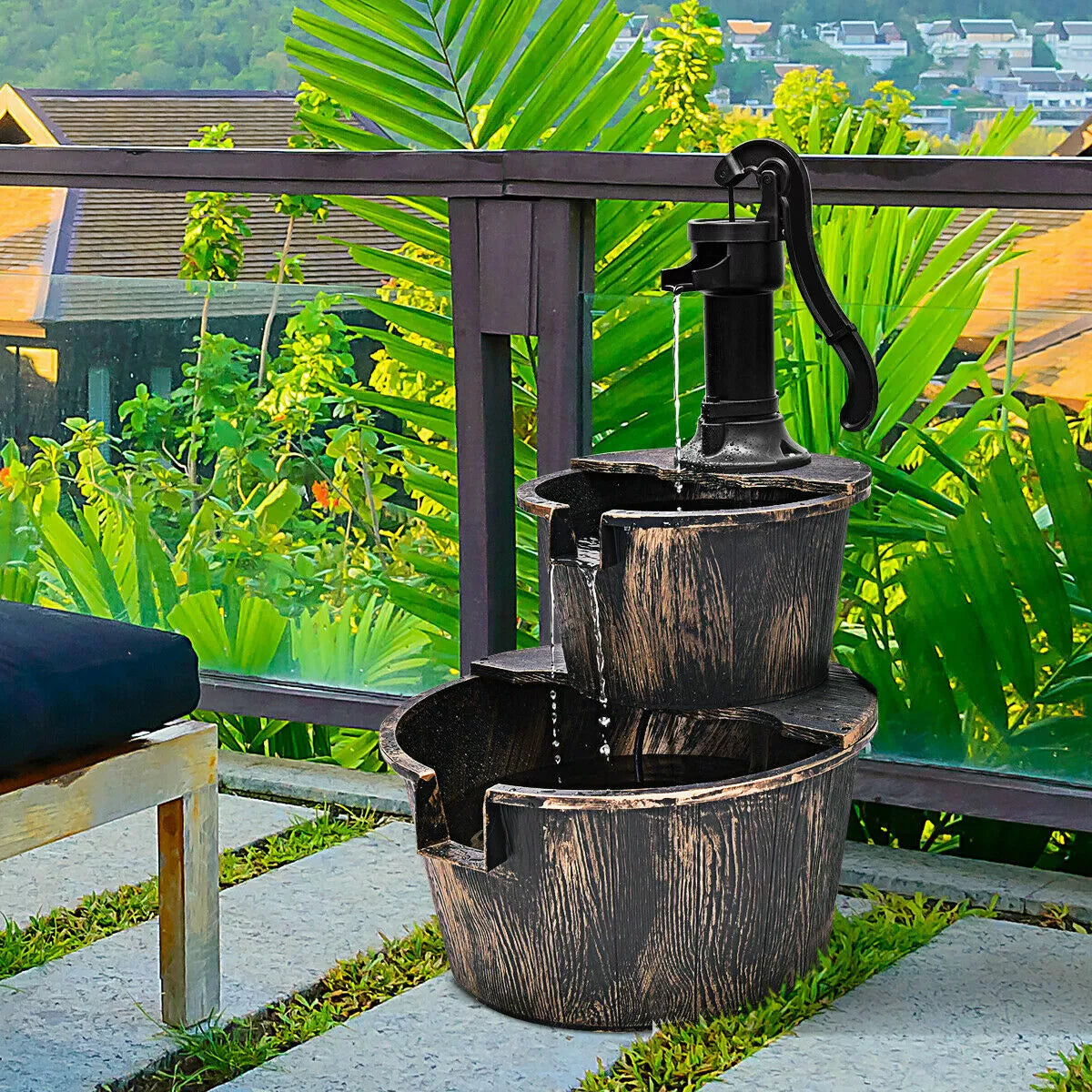 Outdoor 2-Tier Barrel Water Fountain with Pump Garden & Patio