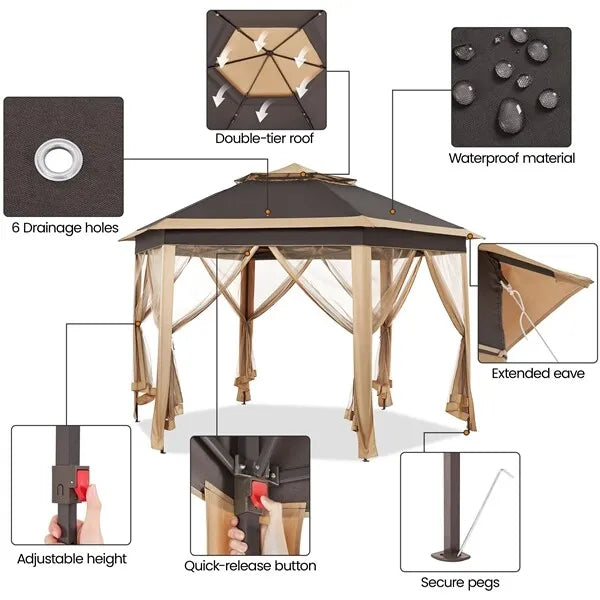 Hexagonal Outdoor Gazebo Canopy Tent Mesh Netting Garden Shelter
