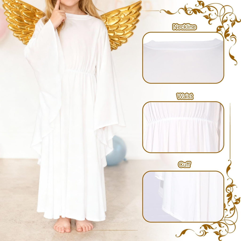 Angel Costume White Dress with Headband & Gold Wings Child M – White M