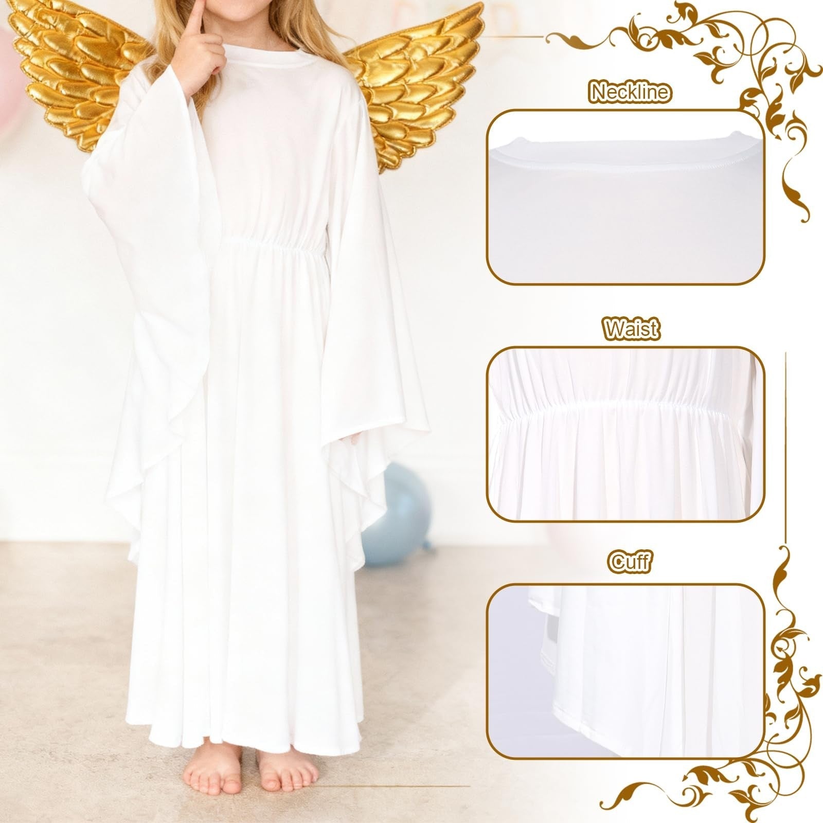 Angel Costume White Dress with Headband & Gold Wings Child M – White M
