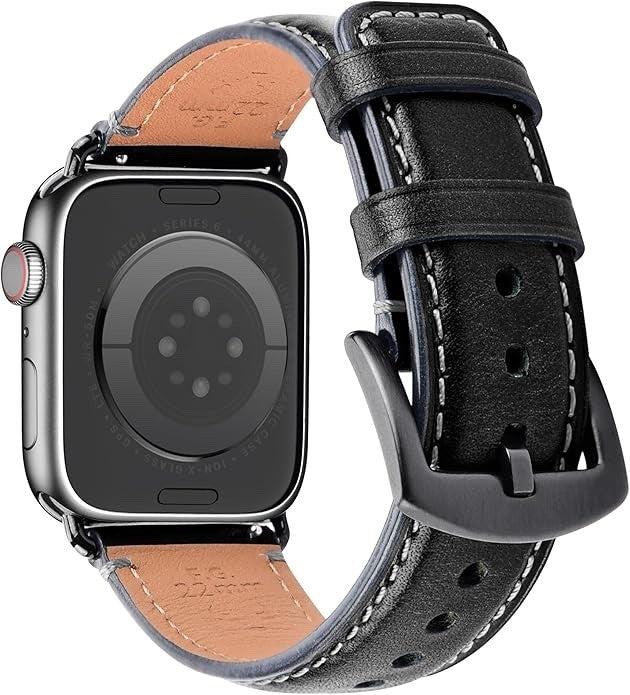 Leather Strap for Apple Watch Compatible 49mm-40mm – Genuine Leather, Black