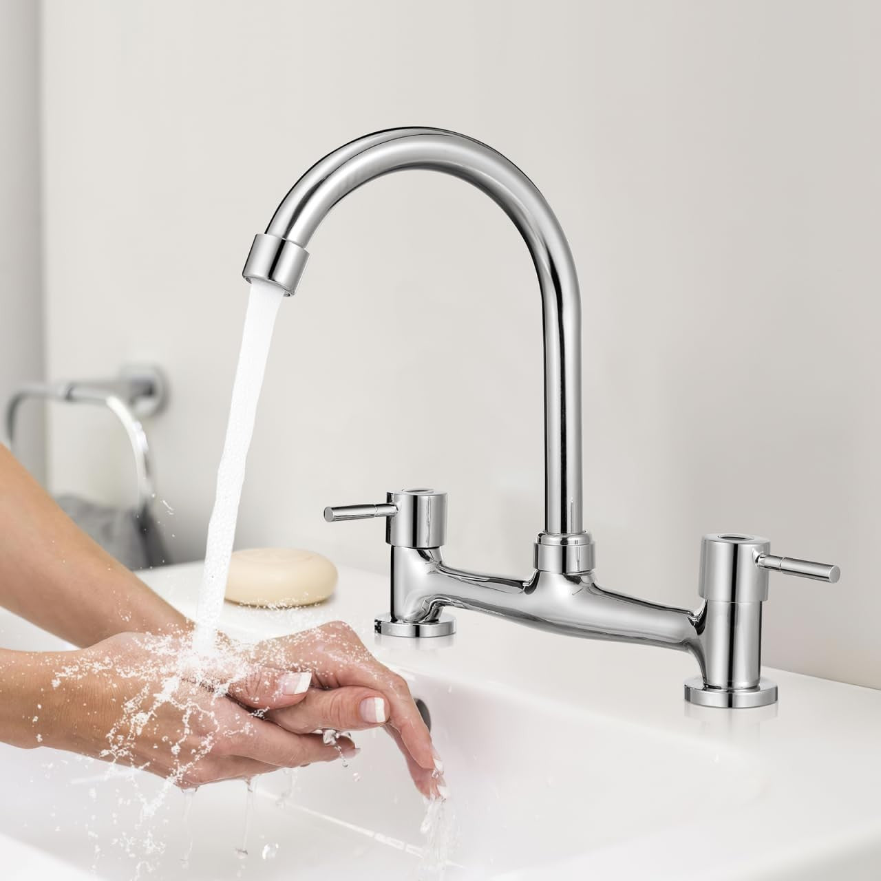 Hemobllo Double Mixer Tap Bathroom Sink Bridge Kitchen Double hole 360° Swivel