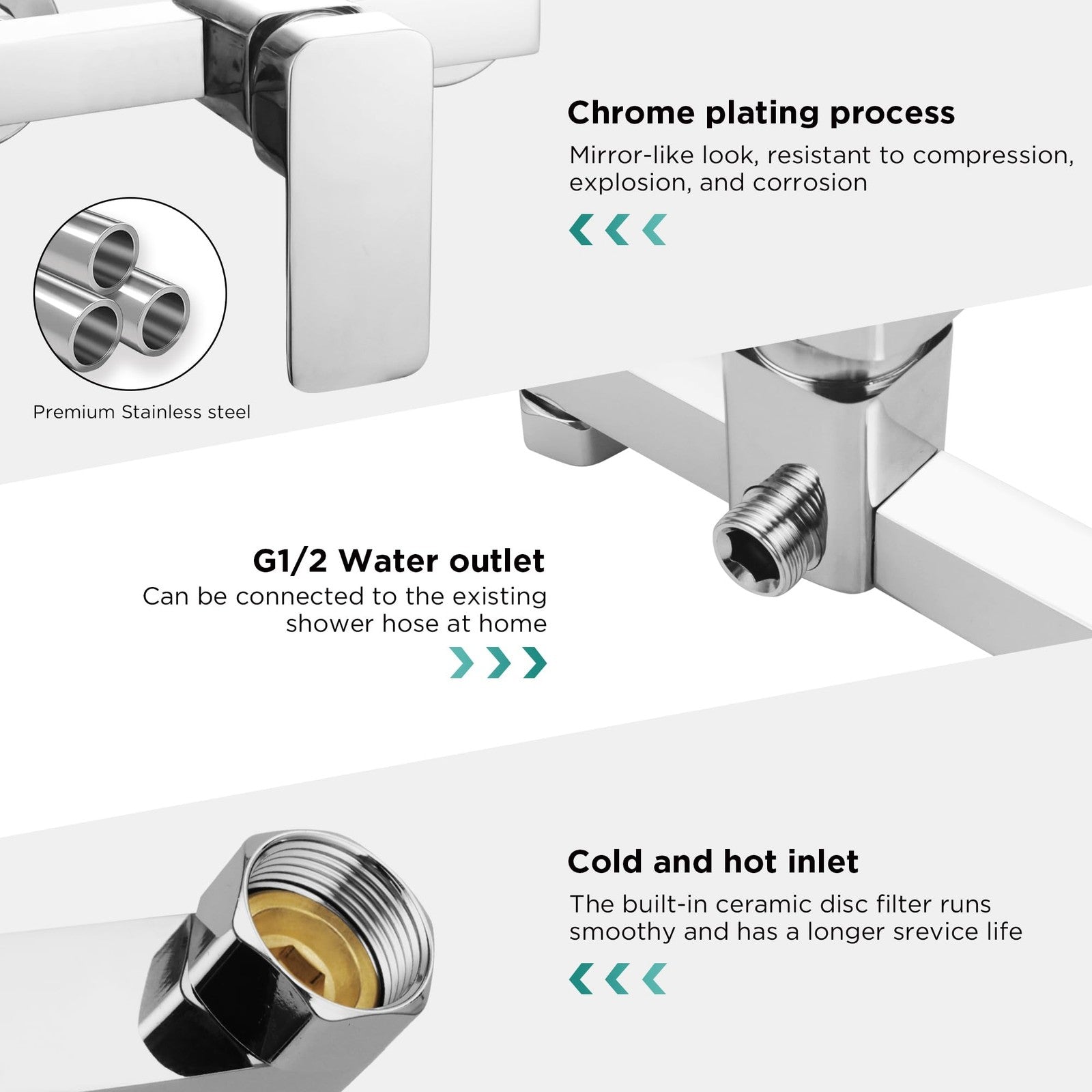 Wall-Mounted Shower Mixer Tap Set Chrome 3-Spray Head 1.5m Hose – G1/2"
