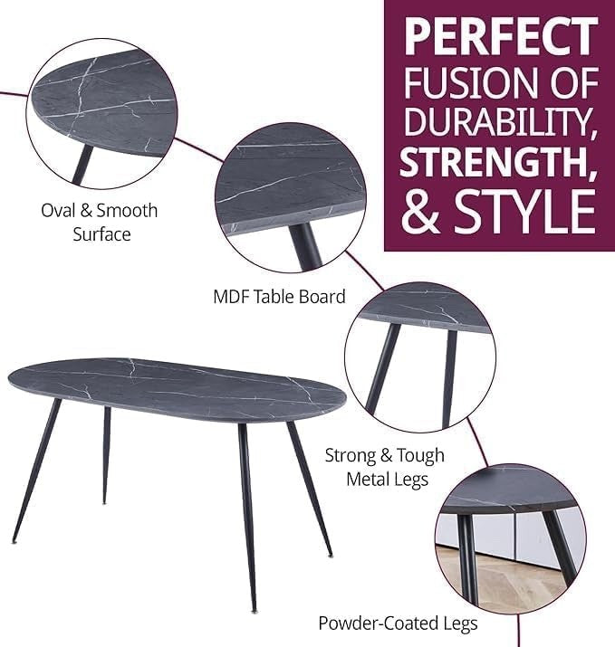 Oval Dining Table with Grey Marble Effect Top and Black Metal Legs