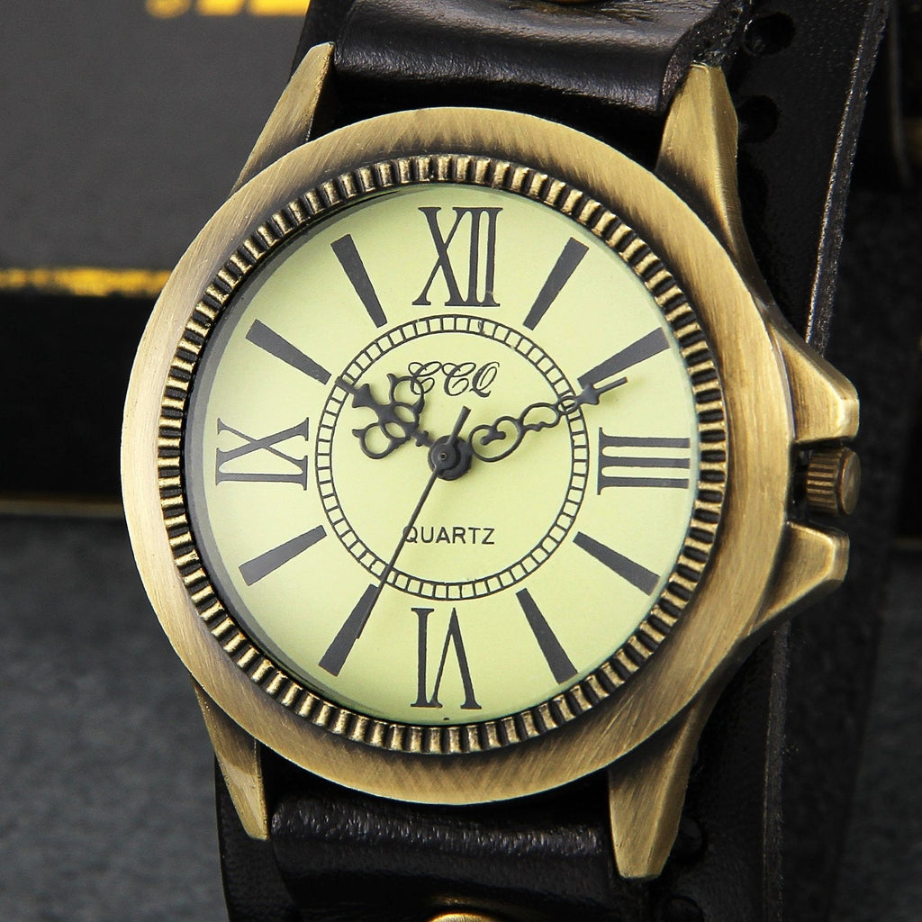 Avaner Leather Bracelet Watch Retro Punk Cuff Watch Roman Numerals Analog Quartz