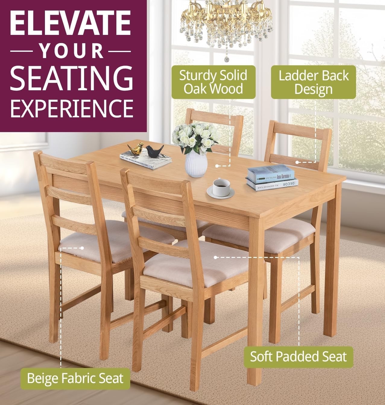 Oak Small Dining Table and Chairs Set 4, Rectangular