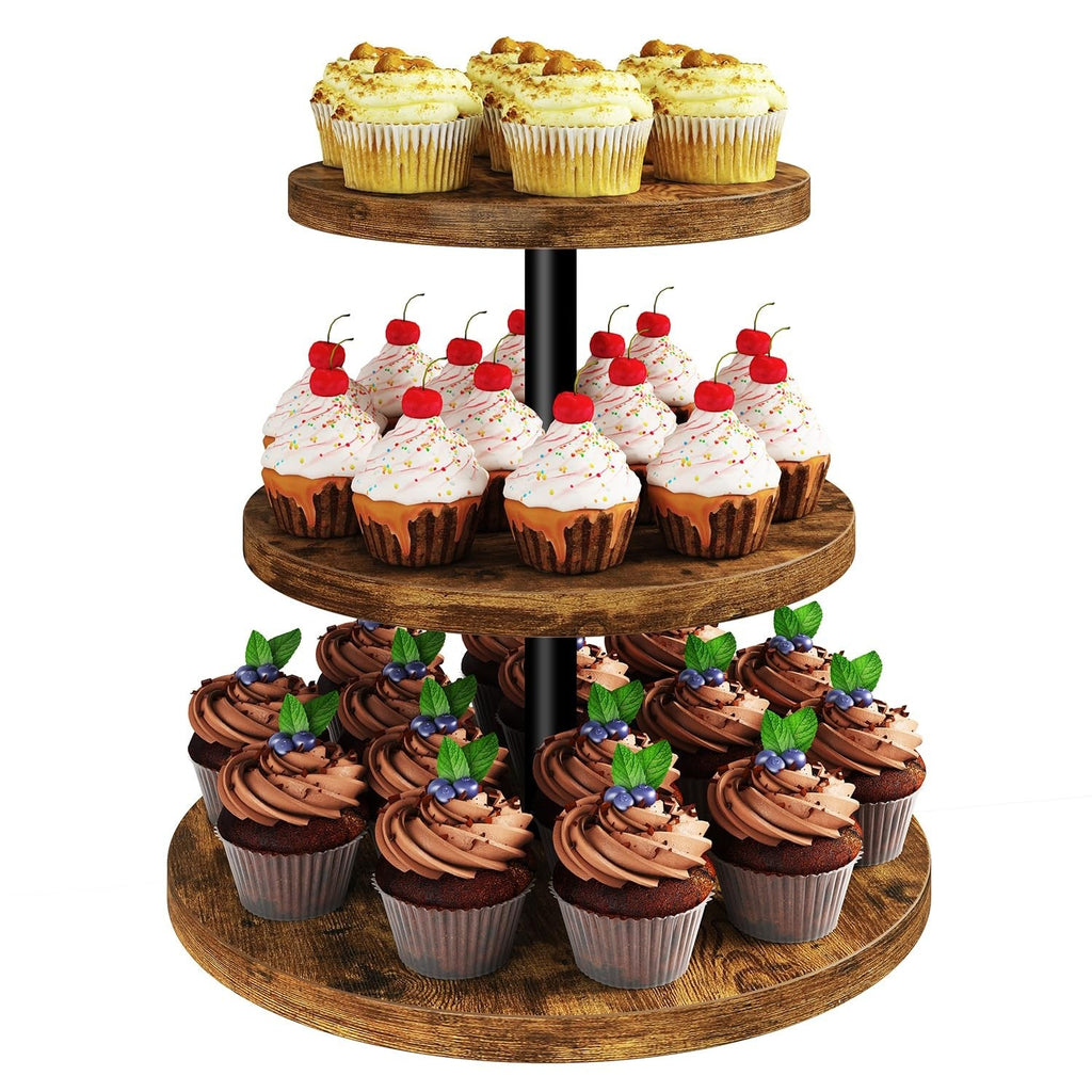 IBUYKE 3 Tier Cupcake Stand, Durable Wood Display Tower Rustic Brown