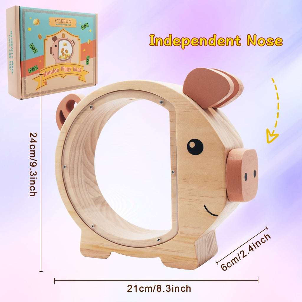 Wooden Piggy Banks for Kids – Crefun HM4241 Wooden Coin Bank Clear
