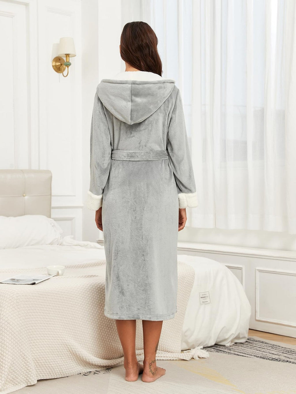 Women's Plush Fleece Hooded Bathrobe Long Robe with Pockets & Belt – Grey S