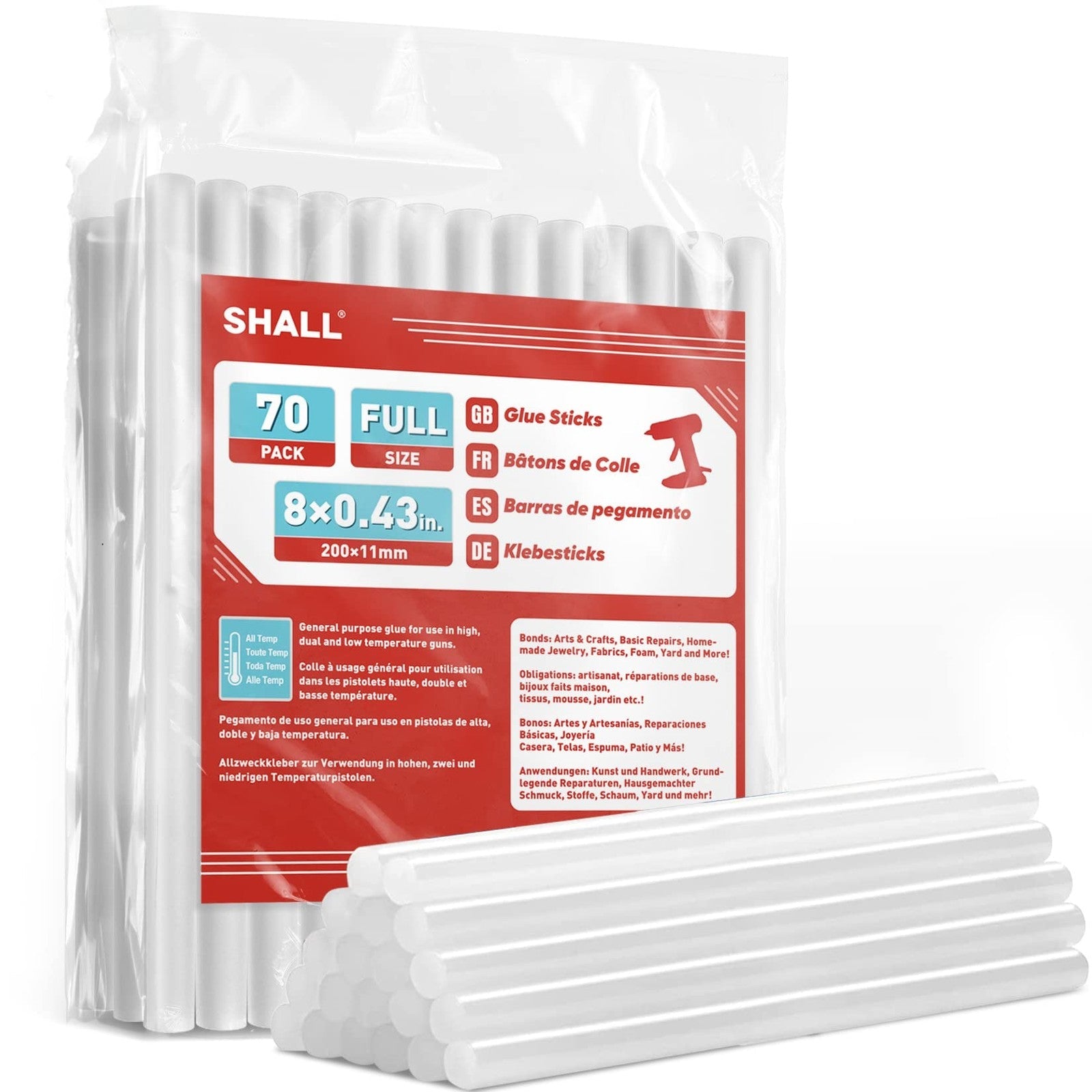Full Size Hot Glue Sticks, 0.43” Dia x 8” Long(11mm x 200 mm)70-Pack Clear