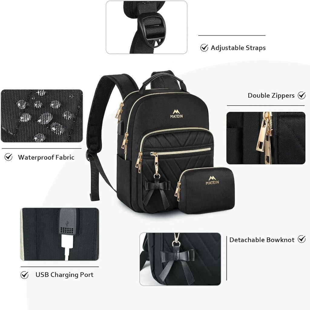 Women’s Small Backpack Lightweight with USB Charging Port – Black 2pcs Set
