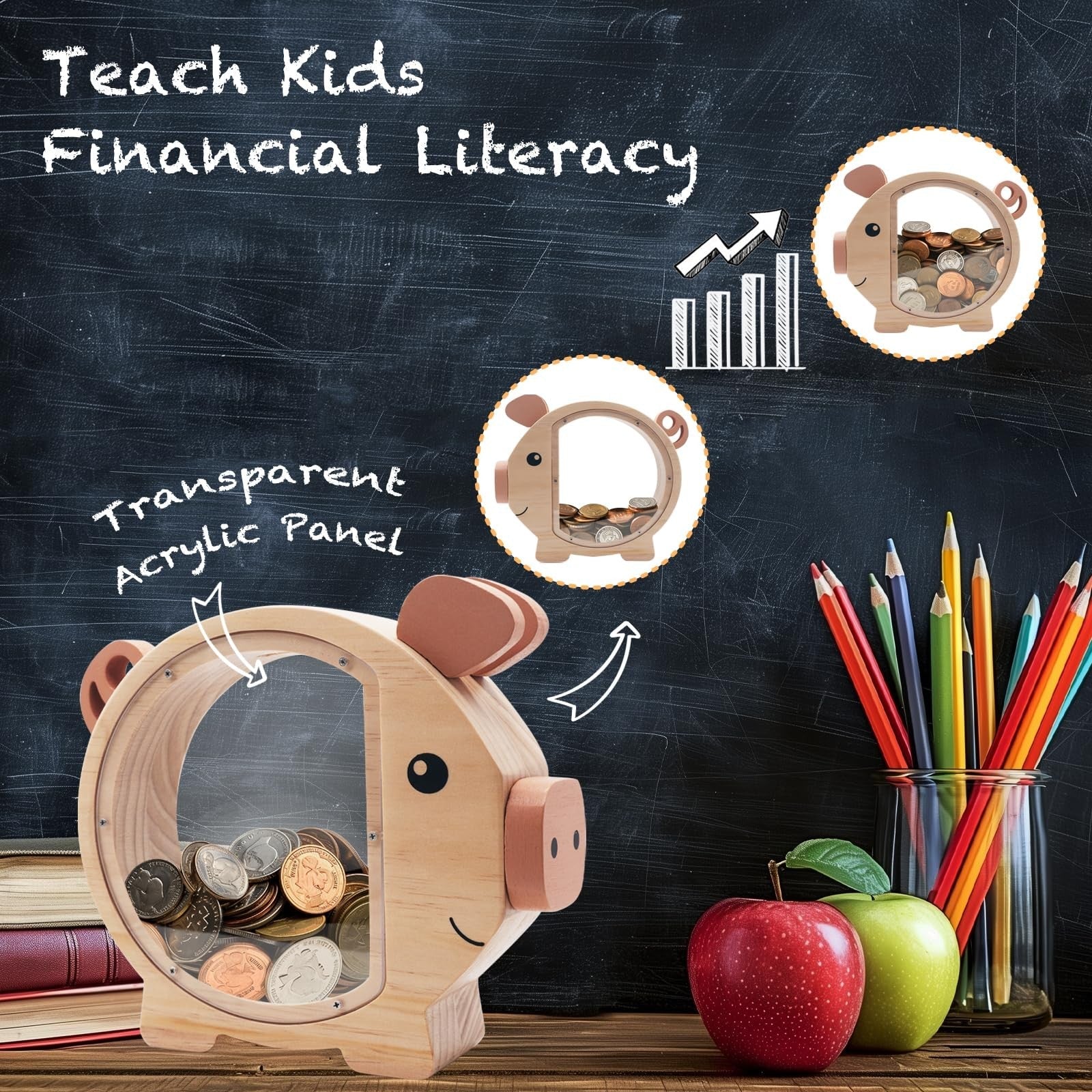 Wooden Piggy Banks for Kids – Crefun HM4241 Wooden Coin Bank Clear