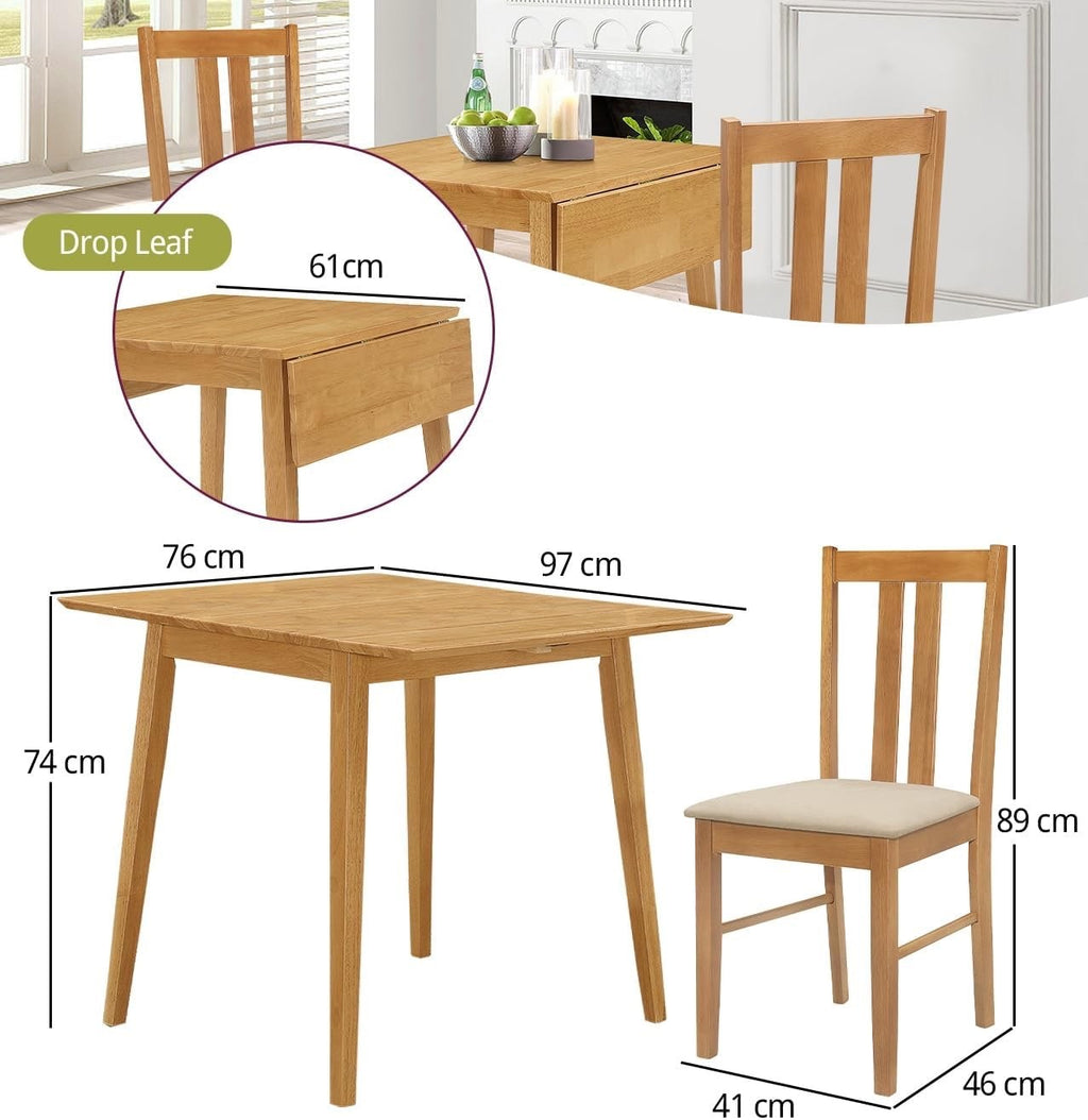 Light Oak Drop Leaf Dining Set – Wooden Dinner Table with 2 Chairs
